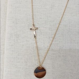 Gold tone cross Disc Engraved Monogram Necklace